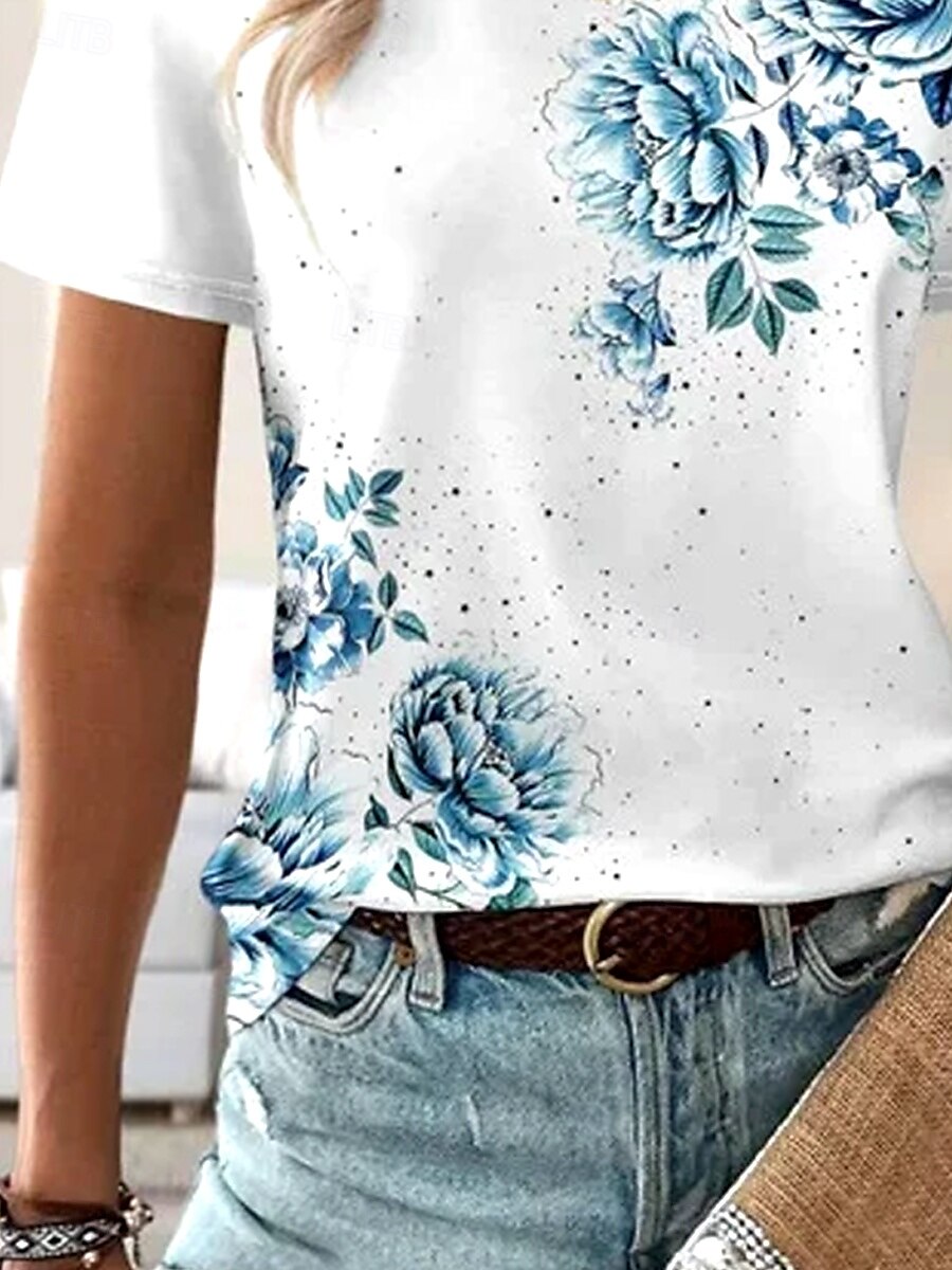 Pentru femei Tricou Trandafir Floral Grafic Elegant Epocă Modă Manșon scurt Rotund Topuri obișnuite Zilnic Ieșire Sfârșit de săptămână Imprimeu Albastru piscină Vară 2025 - $19.99 –P3