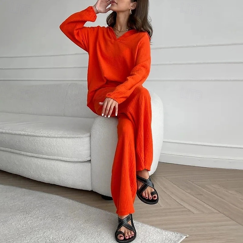 Women's Fashion Streetwear Shirt Two Piece Sets Linen Pants Pants Trousers Long Sleeve Shirt Collar Solid Color Drawstring Daily Wear Date Black White Orange Summer Regular Fit 2025 - $28.99 –P7