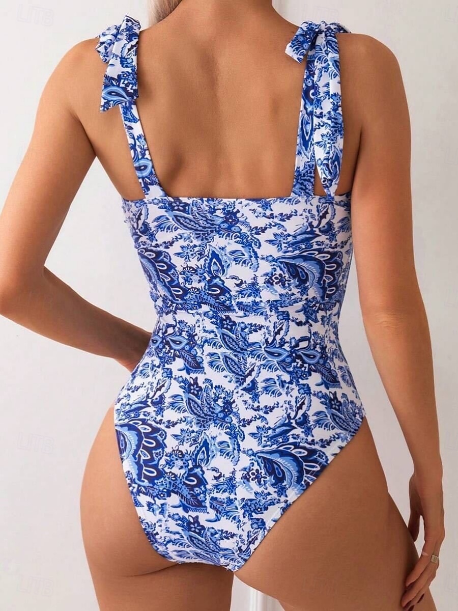 Dam Badkläder En bit Monokini Baddräkt Öppen rygg Magkontroll Hög midja Smal Semester Standkläder Blommig V-slits Ärmlös Baddräkter 2025 - $27.99 –P2