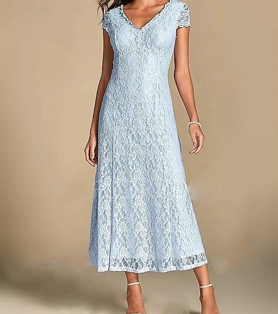 A-Lijn Moeder van de Bruid Jurk Bruiloft Gast Plus Size V Hals Enkele Lengte Kant Korte Mouw met Plooien 2025 - $176.99 –P2