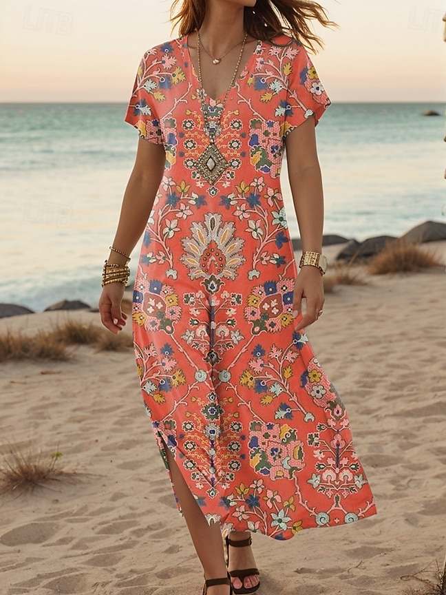 Pentru femei Rochie Maxi Rochie casual Rochie A line Stilat Casual Vacanță Zilnic Fit regulat Floral Manșon scurt În V Portocaliu Primăvară Toamnă 2025 - $28.99 –P1