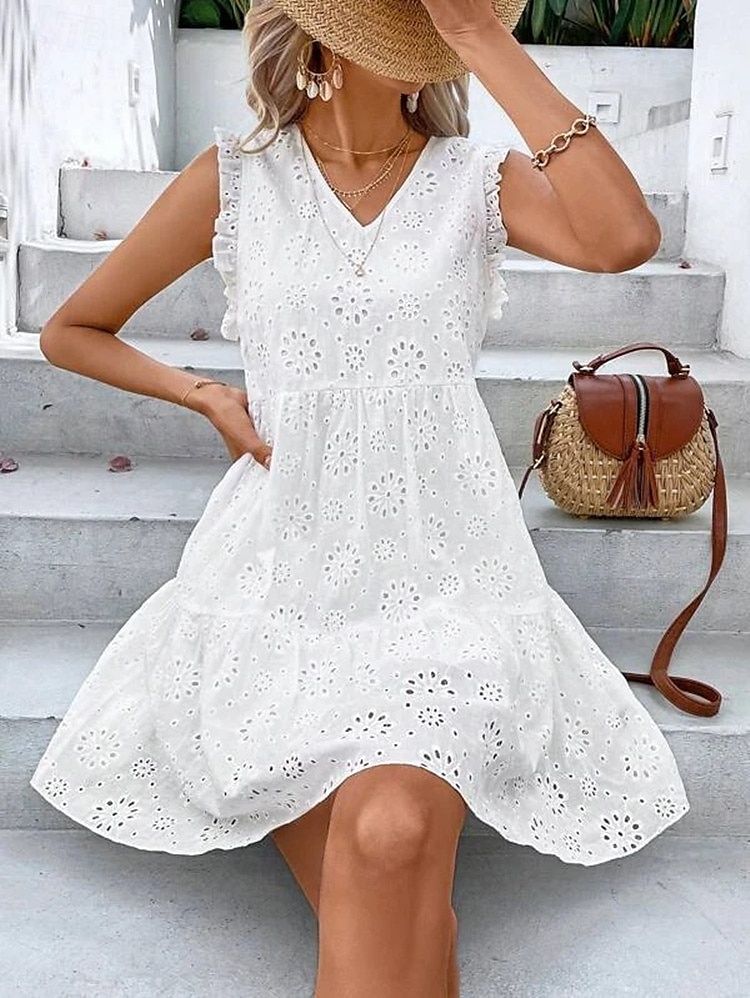Dam Midiklänning Examensklänning Nivåklänning Boho-klänning Elegant Holk Dagligen Utekväll Festival Normal Broderi Ärmlös V-hals Vit Sommar Vår 2025 - $24.99 –P3