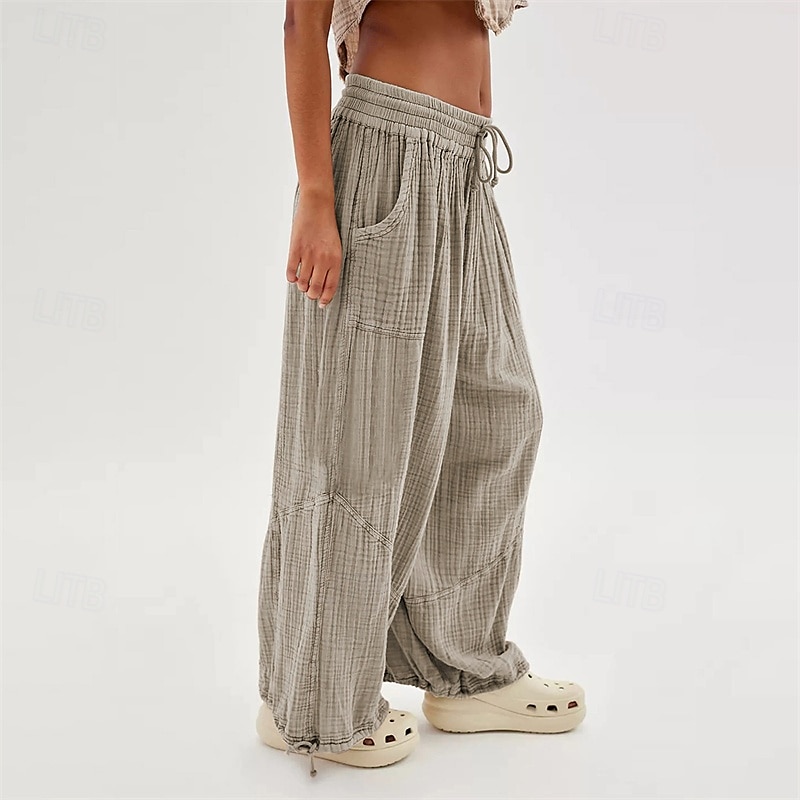 pantaloni din bumbac și pânză pentru femei, îmbrăcăminte stradală la modă, confort, lungime, talie înaltă, șnur simplu, talie elastică, șnur confortabil în aer liber, ținută confortabilă de zi cu zi 2025 - $18.99 –P3