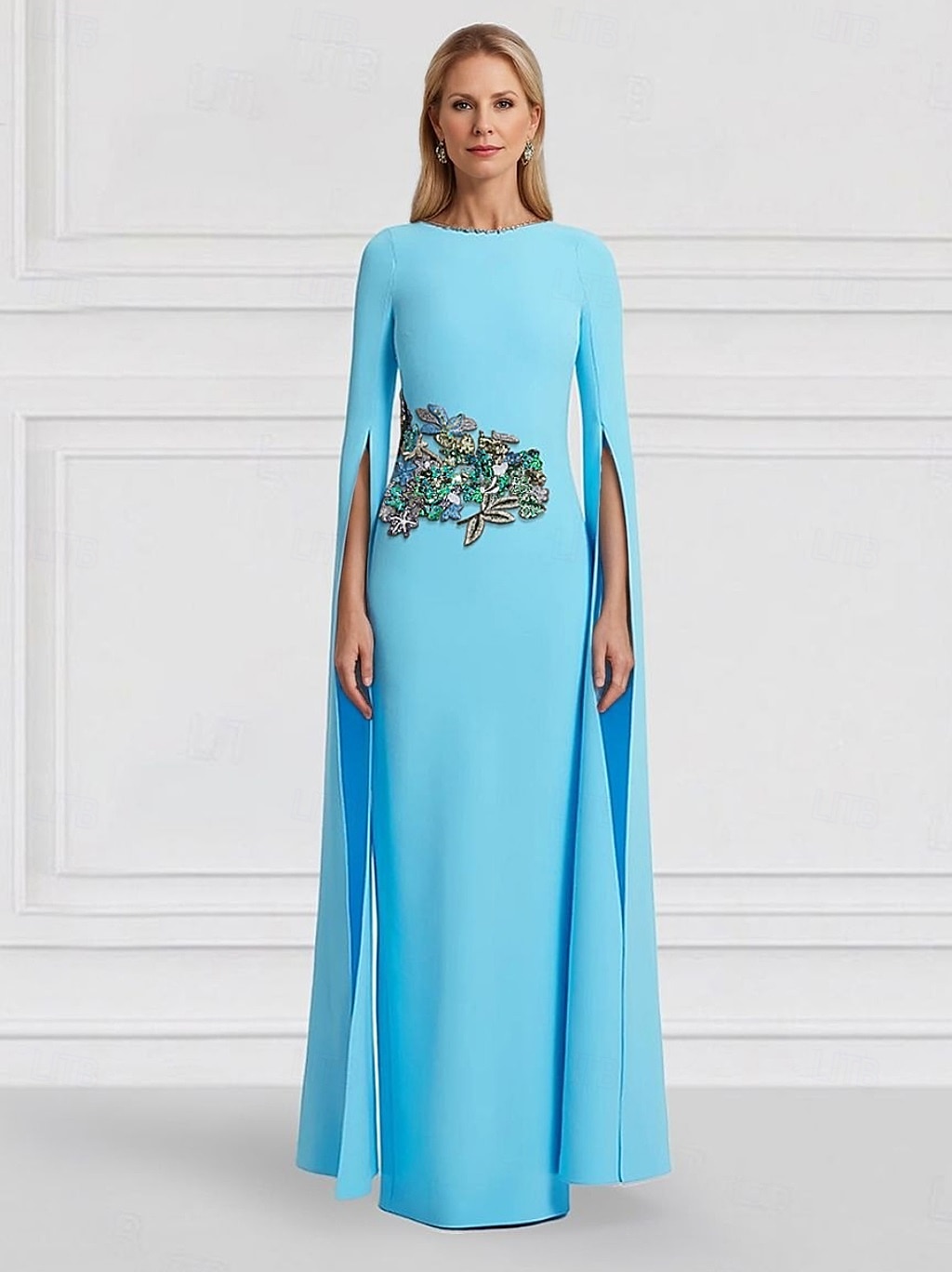 Green Blue Floral Column Evening Gown Side Slit Dress Formal Wedding Guest Floor Length Short Sleeve Jewel Neck Stretch Crepe with Embroidery 2025 - $202.99 –P2