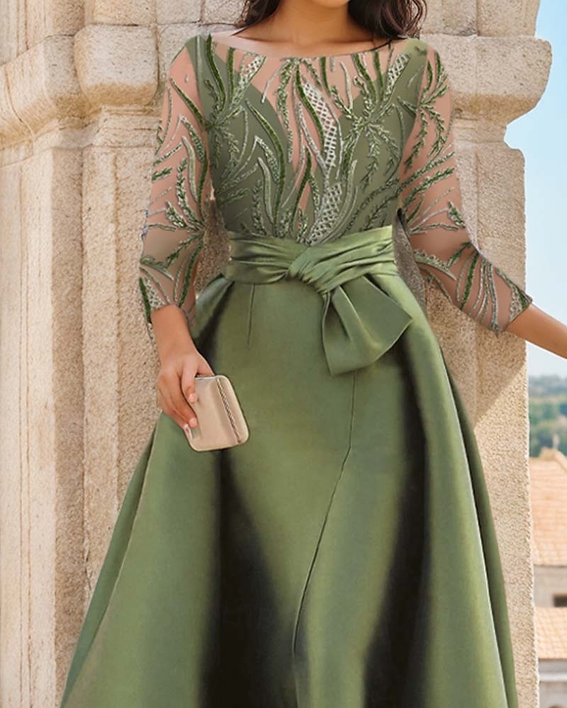 Meerjungfrau/Trompete Abendkleid abnehmbarer Überrock formelle Hochzeit bodenlang 3/4 Ärmel Rundhals Satin Perlen Spitze mit Schlitz 2025 2025 - $190.99 –P5