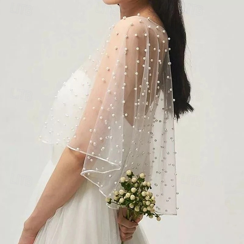 Accesorios de boda, bolero, capa de novia, perlas, capa de boda, parte delantera corta, parte trasera larga, capa envolvente para mujer, chal de noche, blanco 2025 - $28.99 –P3