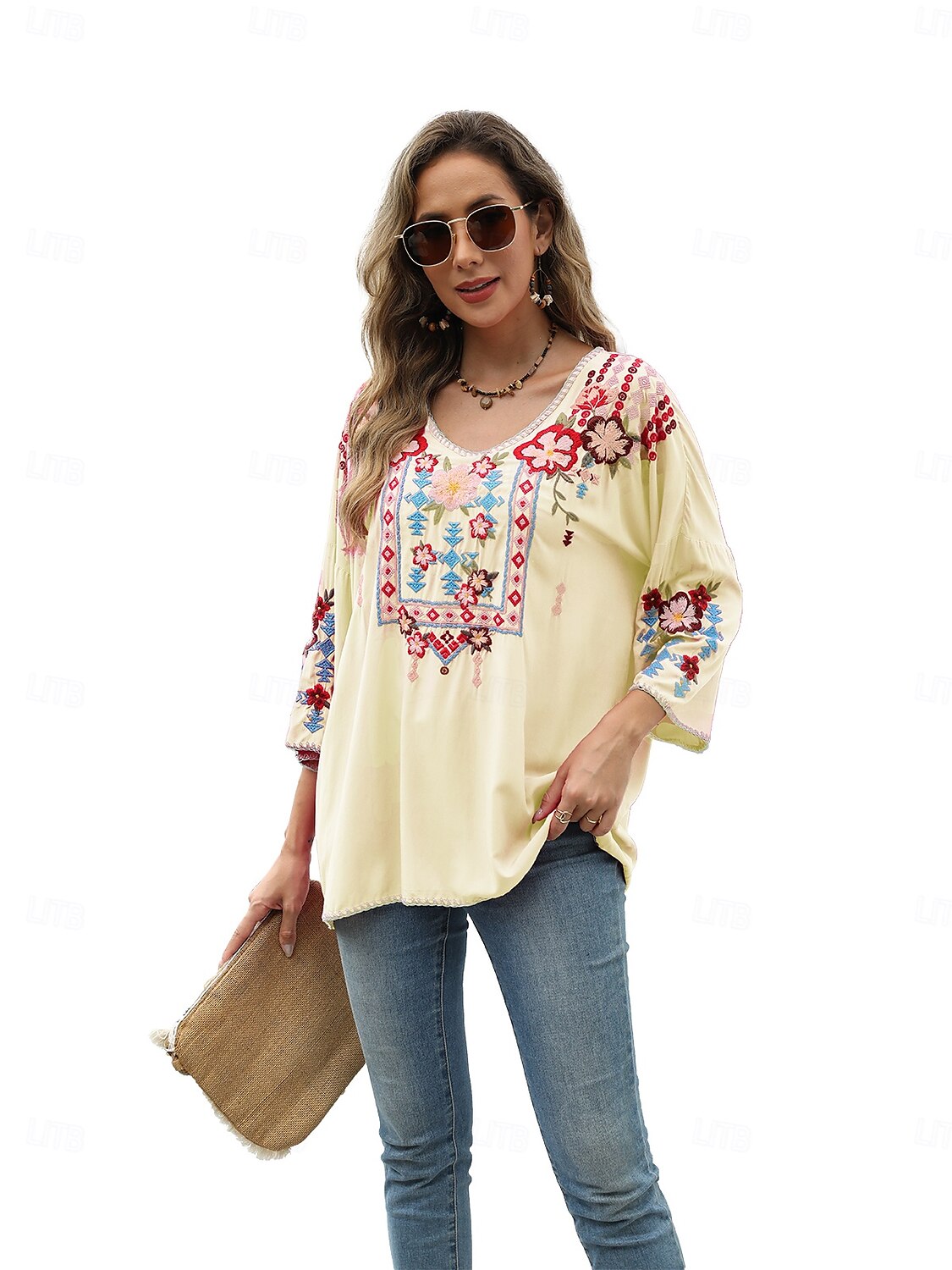 Dame Boho skjorte Helfarge Blomstret Bohem Daglig Luksuriøs 3/4 ermer 3/4-ermer Crew-hals Vanlige topper Arbeid Daglig Ut på byen Broderi Svart Gul Rose Rosa Sommer 2025 - $52.99 –P15