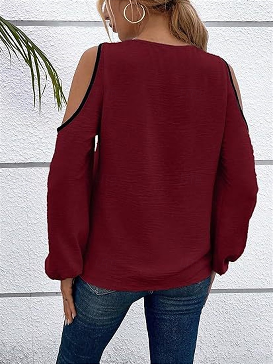 Damen Hemd Bluse Farbblock Elegant Täglich Stilvoll Langarm Laternenärmel U-Ausschnitt Normale Oberteile Arbeit Täglich Festtage Patchwork Wein Blau Beige Frühling Herbst 2025 - $26.99 –P8