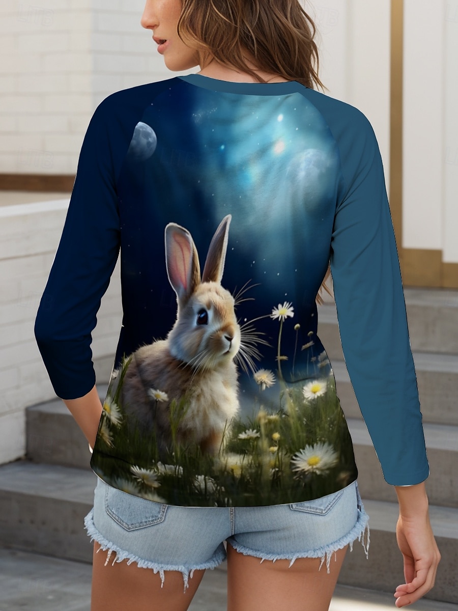 Easter Women's Blouse Ombre Graphic Animal Modern Casual Long Sleeve V Neck Regular Tops Daily Print Blue Summer Spring 2025 - $22.99 –P2