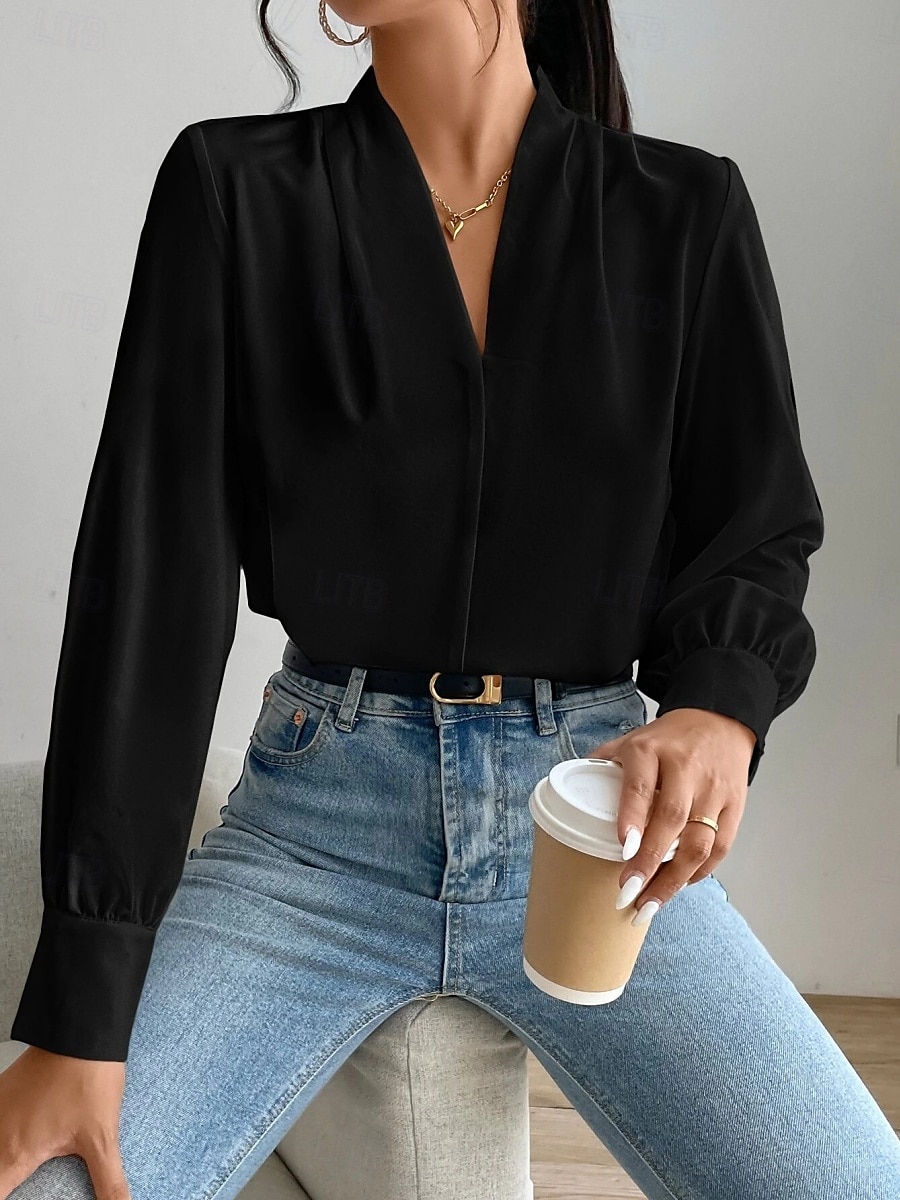 Dame Skjorte Bluse Helfarge Stilfull Fritid Langermet V-hals Vanlige topper Daglig Knapper Lomme Svart Hvit Gul Blå Grønn Sommer Vår 2025 - $31.99 –P20