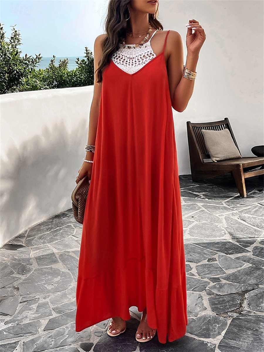 Damen Maxi Kleid Strandkleid Slip Kleid Urlaub Strandurlaub Unifarben Lässig Täglich Lockere Passform Grafik Ärmellos Träger Schwarz Rot Himmelblau Grün Sommer 2025 - $41.99 –P4