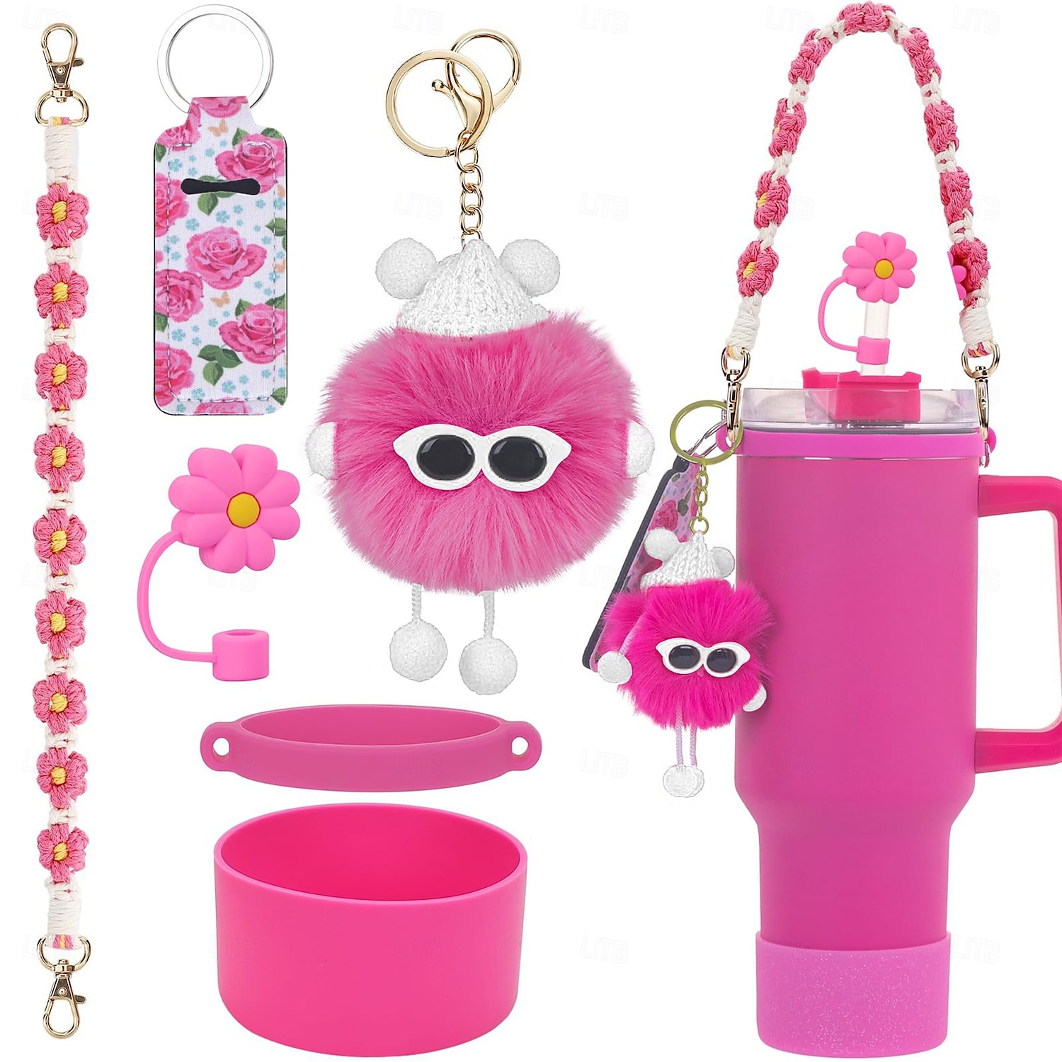 Stanley-Becher, handgewebter Griff, Blumen-Strohhut, Lippenstift-Set, Coal Ball Pixie Glitter-Silikonbecher-Set 2025 - $20.99 –P2