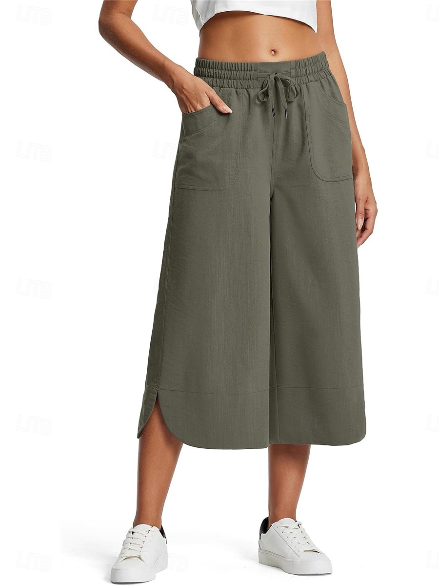 Women's Wide Leg Chinos Fashion Streetwear Calf-Length High Waist Plain Pocket Elastic Waistband Comfy Soft Comfortable Micro-elastic Outdoor Street Navy-blue Army Green Black Blue Summer Spring 2025 - $24.99 –P3