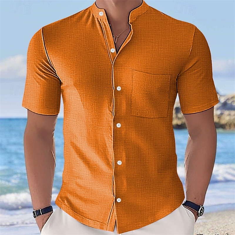 Men's Shirt Summer Shirt Casual Shirt Beach Shirt Button Up Shirt Black White Yellow Pink Sky Blue Short Sleeve Plain Grandad Collar Stand Collar Vacation Hawaiian Buttons Clothing Apparel Fashion 2025 - $21.99 –P4