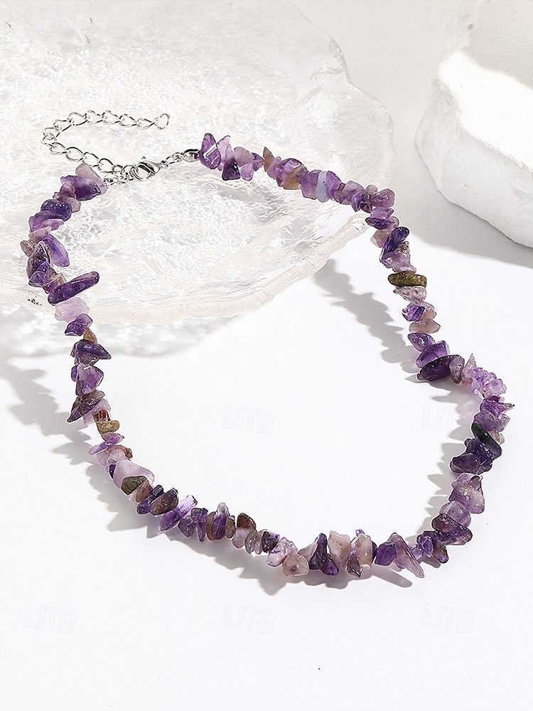 ametystový křišťálový náhrdelník pro ženy přírodní kámen, surové čipové korálky, boho chic styl ideální pro každodenní nošení, duchovní a léčivé šperky 2025 - $9.99 –P6