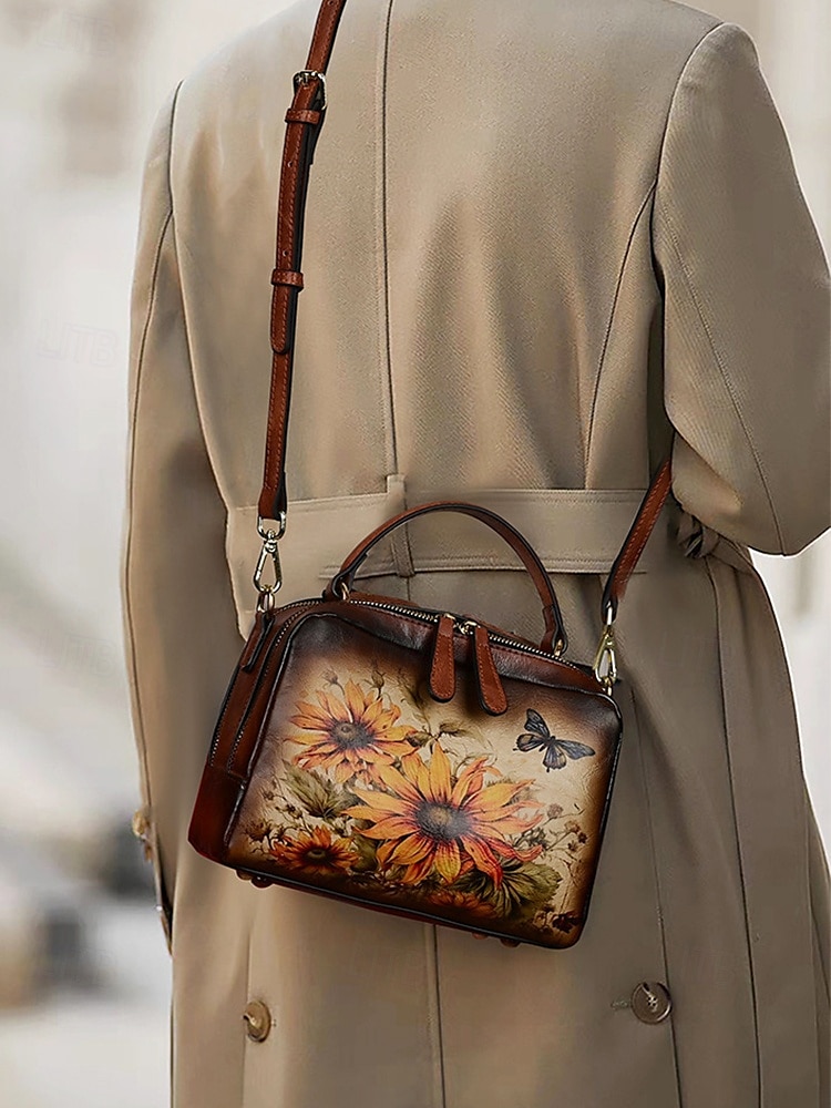 torebka ze skóry vintage z nadrukiem słonecznika i motyla – stylowa torebka typu crossbody dla kobiet, idealna na co dzień i na wyjścia na zewnątrz czerwony brązowy zielony 2025 - $64.99 –P2
