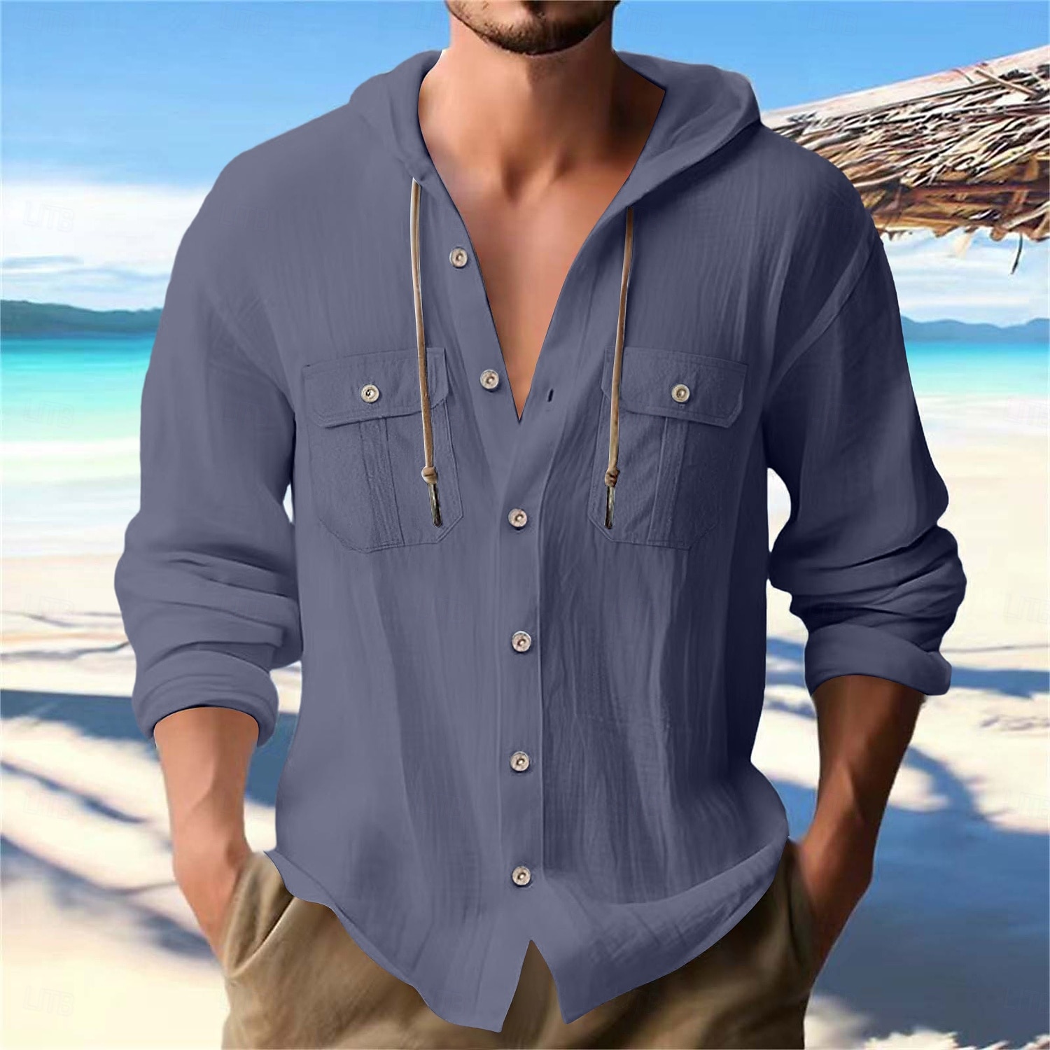 Per uomo Camicia camicia di lino Camicia estiva Camicia da spiaggia Liscio Da mare Informale Nero Bianco Blu marino Blu Manica lunga A fascia Primavera estate Abbigliamento del 2025 a $27.99 –P5