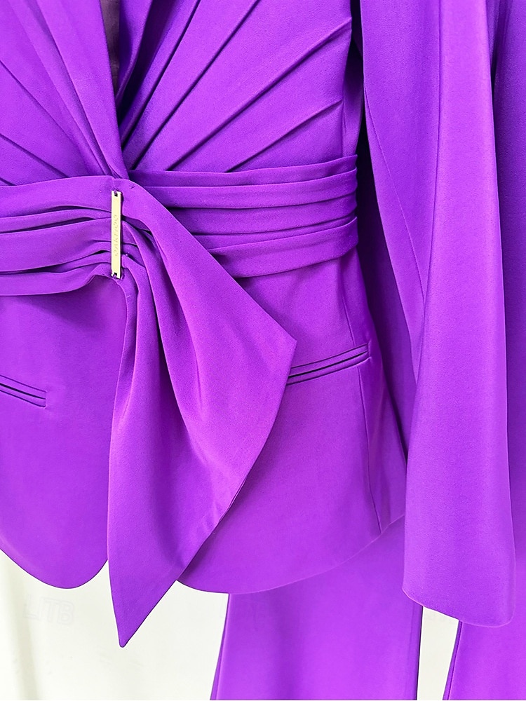 Completo madre della sposa a due pezzi elegante minimalista colletto camicia lunghezza al pavimento in tessuto elasticizzato manica lunga con volant colore solido 2025 del 2025 a $159.99 –P3