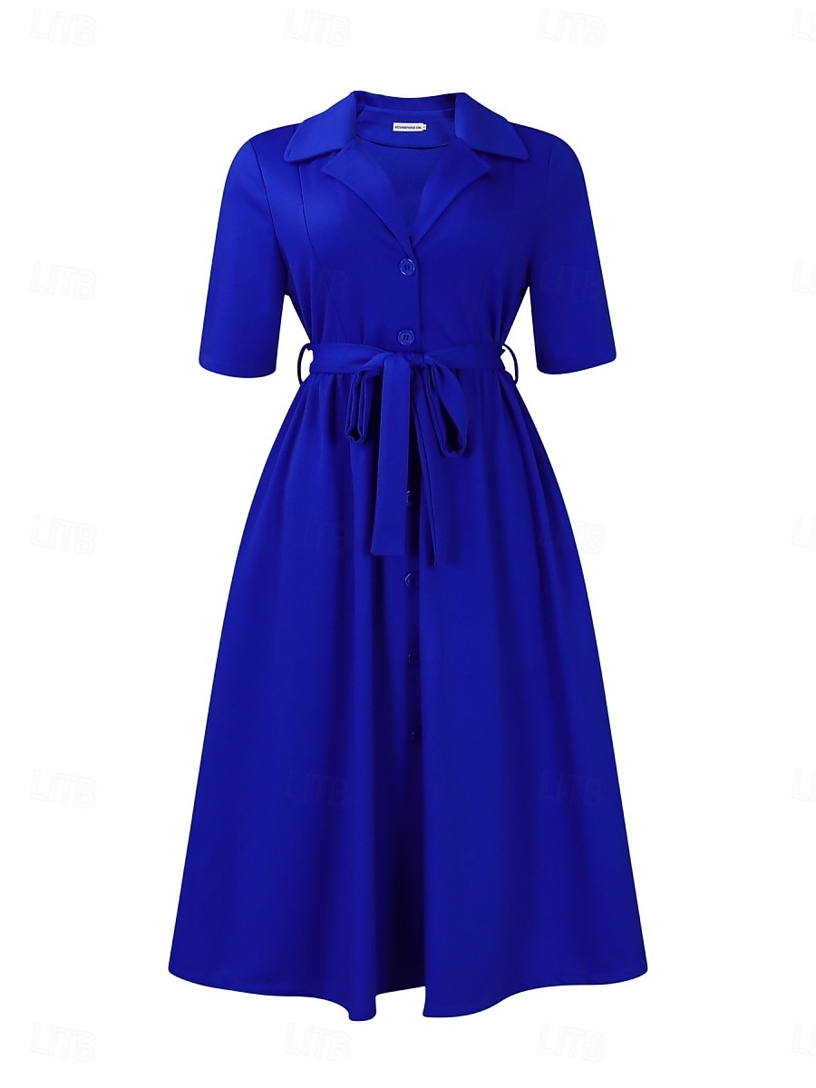 Damen Midikleid blusenkleid A Linie Kleid Elegant Ausgefallene Arbeit Regular Fit Glatt Halbe Ärmel Hemdkragen Rote Königliches Blau Aprikose Sommer 2026 - $41.99 –P14