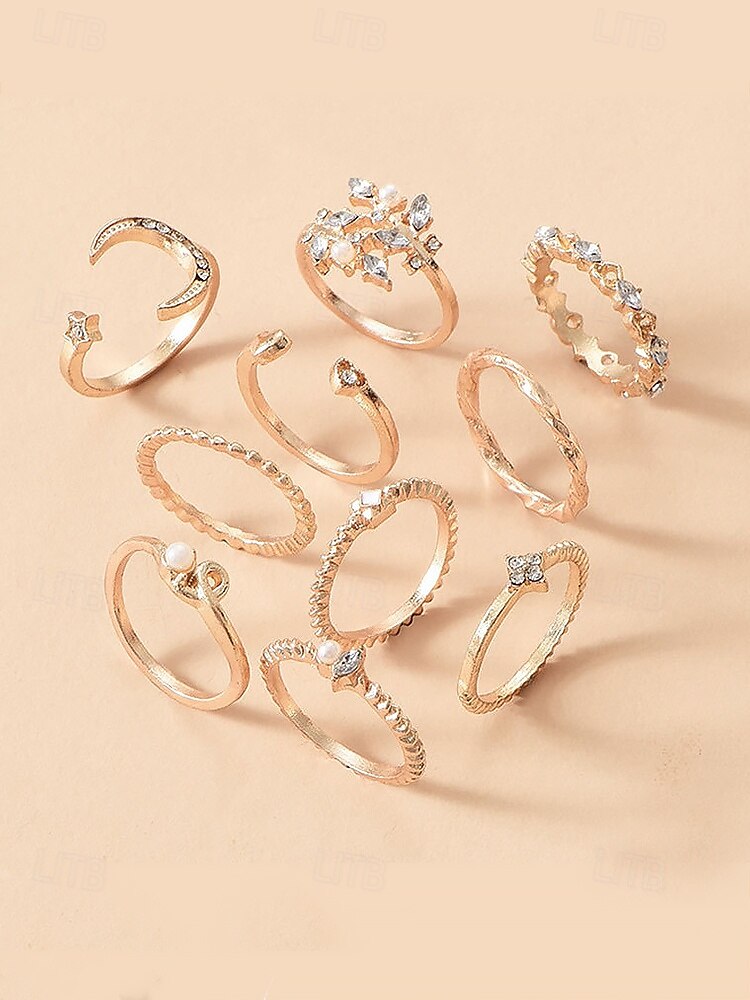 vergulde stapelringenset voor dames – verstelbare ringen versierd met strass en parels, trendy boho-stijl voor casual en formele gelegenheden 2025 - $9.99 –P3