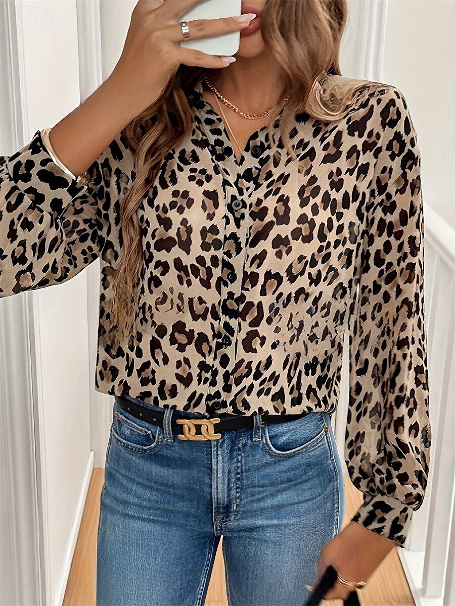 Dámské Košile Halenka Leopard Elegantní Denní stylové Dlouhý rukáv Košilový límec Běžné topy Práce Denní Dovolená Knoflíky Levhart Léto Jaro 2025 - $29.99 –P2