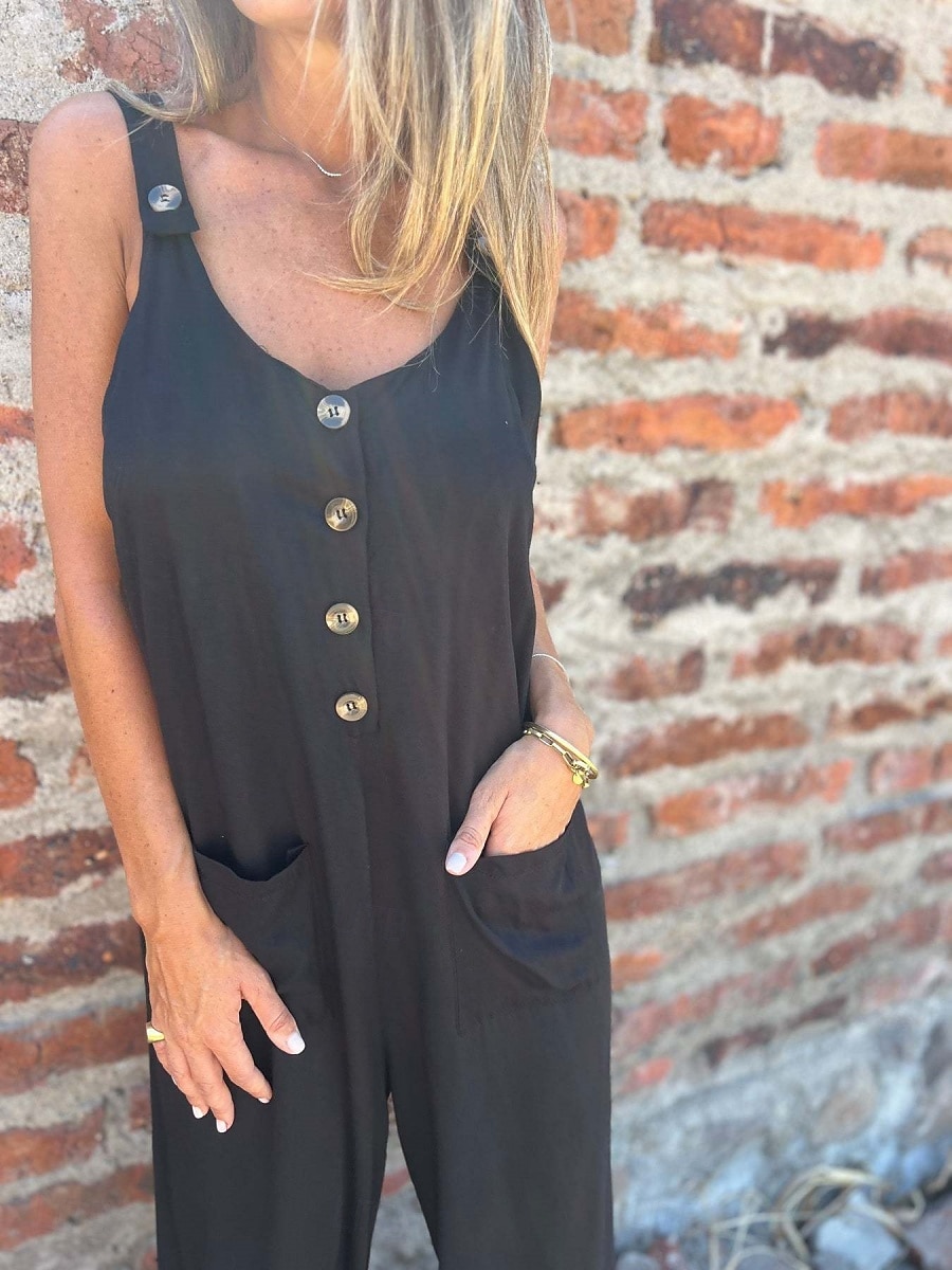 Mujer Normal Mono Activo Color sólido Sin Mangas Escote en U Botones Bolsillo Vacaciones Diario Ajuste regular Negro Blanco Azul Piscina Verano 2025 - $32.99 –P14