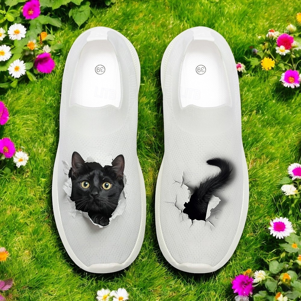 Baskets Flyknit à enfiler avec motif imprimé chat, tige respirante et semelle confortable pour un port décontracté et amusant de 2025 ? $29.99 –P5