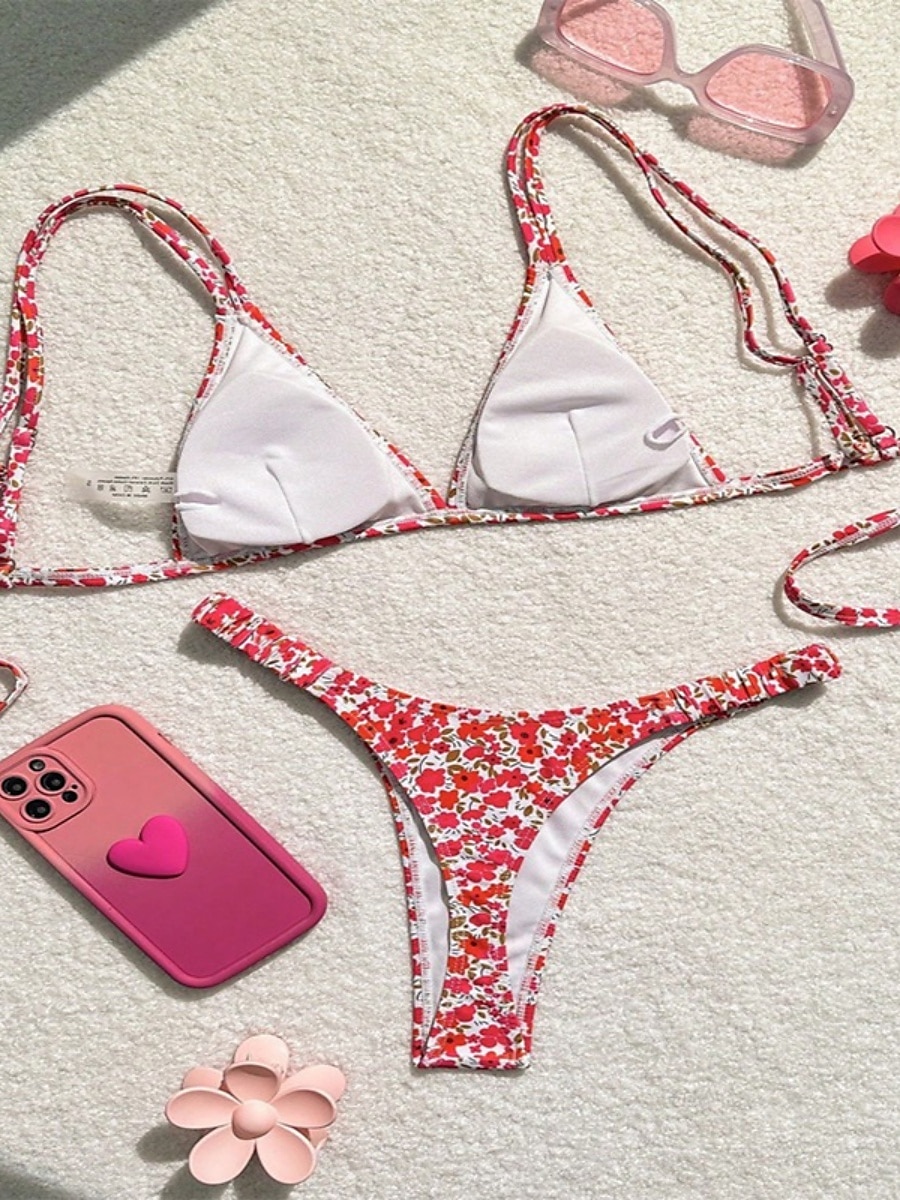 Dames Zwemkleding Bikini 2 stuks String Zwempak Blote rug Slank Vakantie Strand Kleding Bloemig V-hals Mouwloos Badpakken 2025 - $22.99 –P2