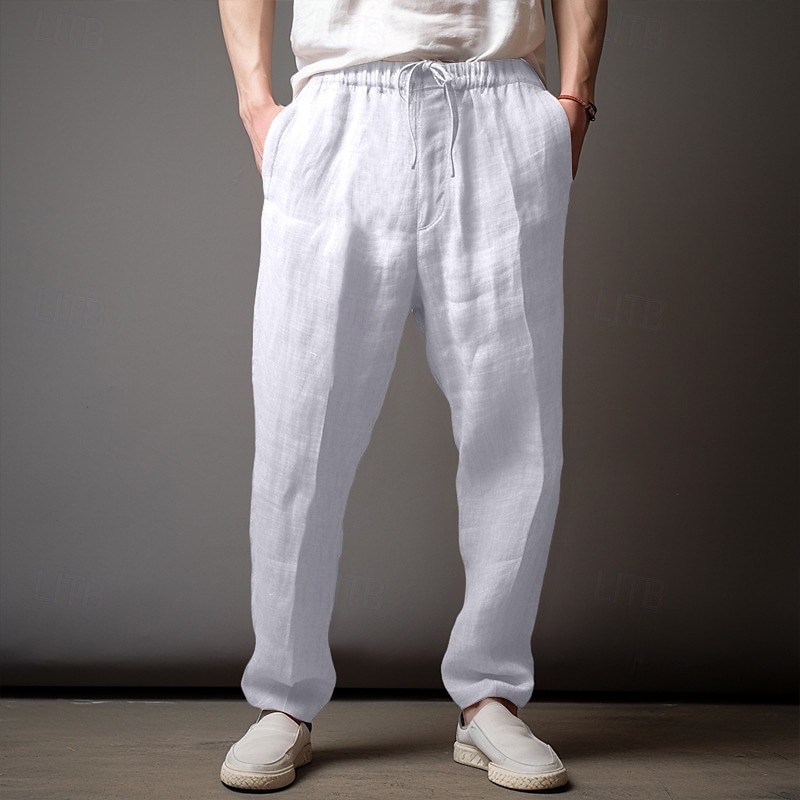 Herr Linne Byxor Långbyxor Sommarbyxor Strandbyxor Ficka Elastisk midja Snörning Slät Komfort Andningsfunktion Fullängd Utomhus Dagligen Helgdag Semester Klassisk Stil Ljus kaki Vit Microelastisk 2025 - $20.99 –P4