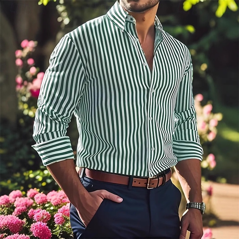 Herren Hemd Sommerhemd Freizeithemd Knopfhemd Rote Blau Grün Kaki Dunkelblau Langarm Streifen Revers Urlaub Hawaiianisch Button-Down Bekleidung Polyester Mode Lässig Bequem 2025 - $23.99 –P3