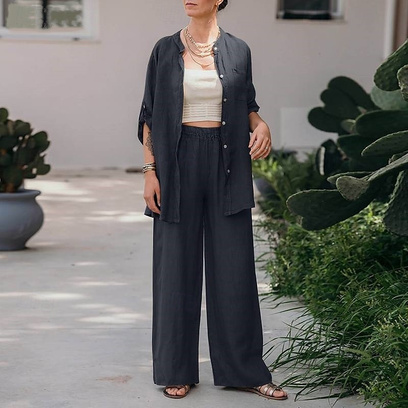 Dam Mode Streetwear Skjorta Linneinspirerade set Tvådelade set Linne Byxor Byxor Långärmad Hög krage Ensfärgat Dagliga kläder Datum Marinblå Orange Vår Normal 2025 - $28.99 –P10