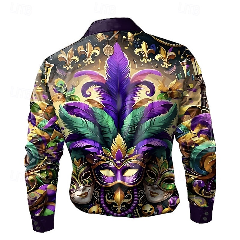 Mardi gras Męskie Maska Karnawał Satynowa koszula Koszule eleganckie Zapinana na guziki koszula Długi rękaw Moda na co dzień Święto Lato Wiosna Wieczorne Koszule z kołnierzykiem Druk 3D Fioletowy 2025 - $27.99 –P2