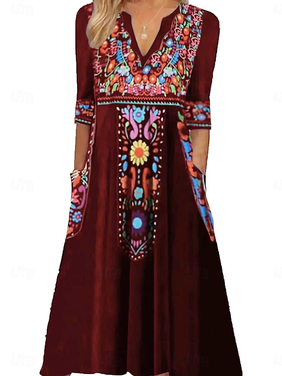 Dámské Midi šaty Boho šaty s dlouhým rukávem Áčkové šaty Boho šaty stylové Na běžné nošení Dovolená Ležérní Denní Běžný Grafika Dlouhý rukáv Do V Černá Fialová Námořnická modř Léto Jaro Podzim 2025 - $27.99 –P4