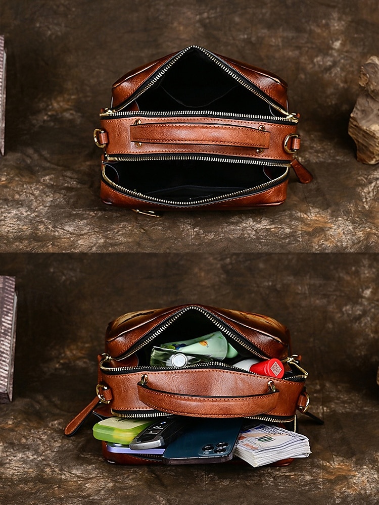 torebka ze skóry vintage z nadrukiem słonecznika i motyla – stylowa torebka typu crossbody dla kobiet, idealna na co dzień i na wyjścia na zewnątrz czerwony brązowy zielony 2025 - $64.99 –P5