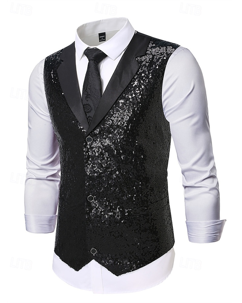 Men's Vest Waistcoat Gilet Performance Vacation Stage Fashion Casual Summer Spring Sequins Buttons Pocket Polyester Comfortable Plain Single Breasted One-button Lapel Regular Fit Silver Black Vest 2025 - $33.99 –P8
