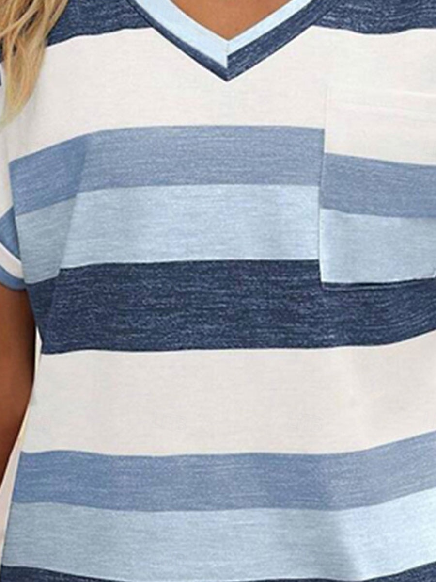 Women's T Shirt Striped Fashion Modern Casual Short Sleeve V Neck Regular Tops Daily Weekend Pink Wine Sky Blue Summer Spring 2025 - $21.99 –P10