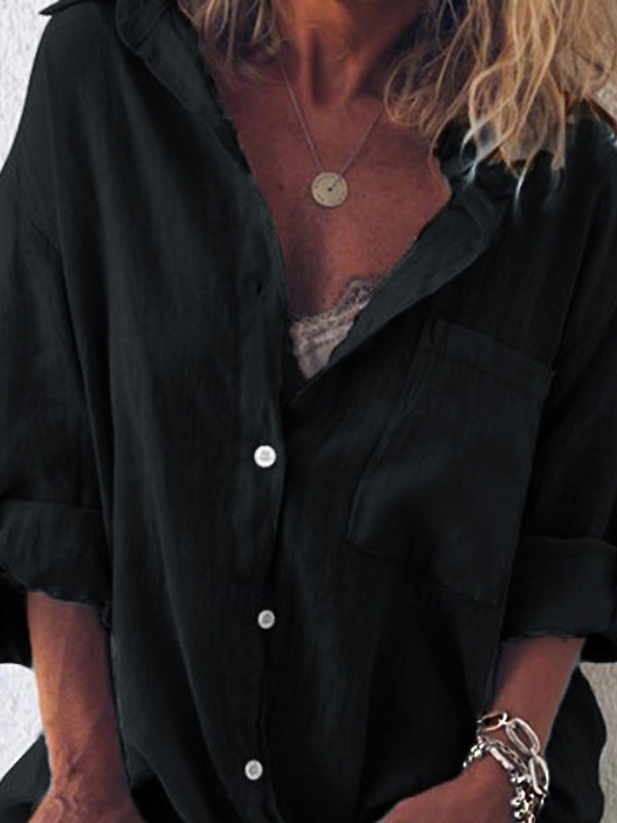 Abito mini da donna Abito camicia Abito casual Di base Casual Vacanza Quotidiano Vestibilità regolare Lino semplice Maniche lunghe Colletto Nero Verde chiaro Rosa Blu Estate del 2025 a $19.99 –P2