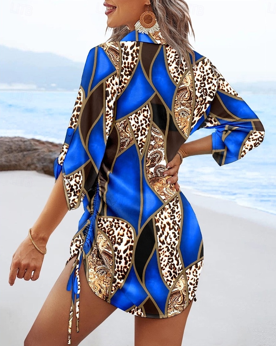 Dame Mini kjole Sexy kjole Elegant kjole Elegant Normal Leopard Geometrisk Langermet V-hals Gul Rød Blå Grønn Høst 2025 - $22.99 –P2