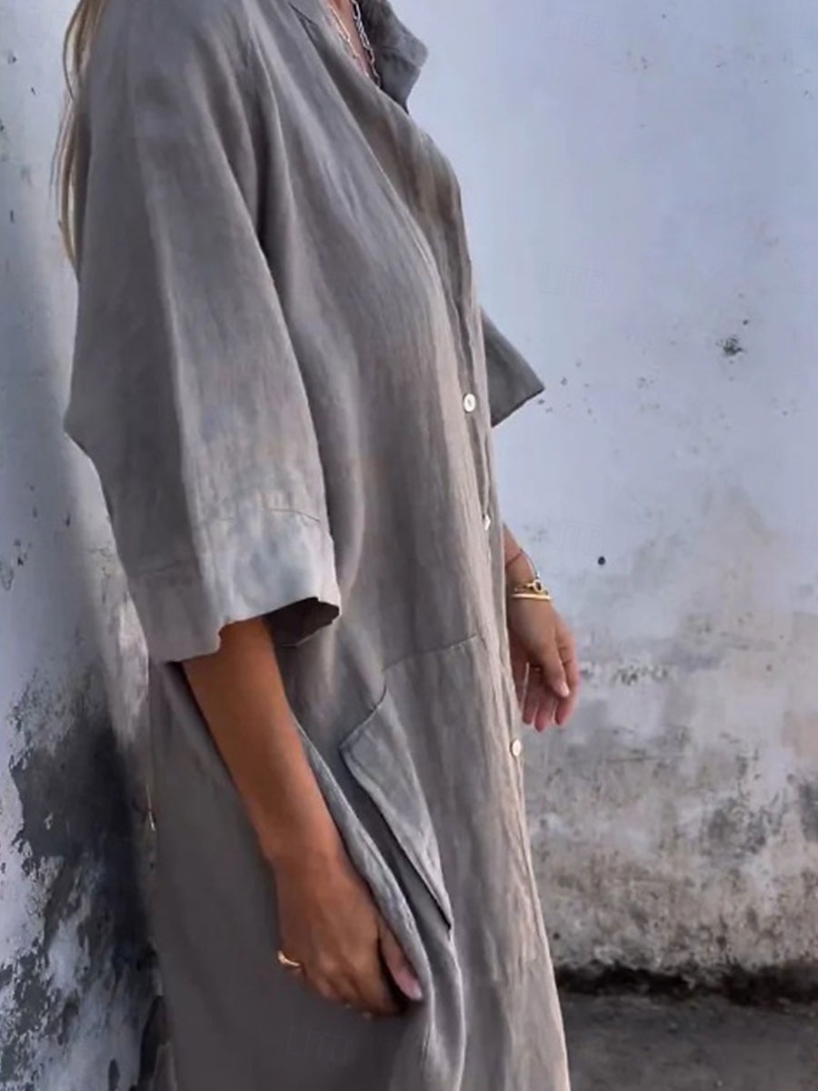 Damen Langes Kleid Maxikleid Baumwoll-Leinen-Kleider Hemdblusenkleid Freizeitkleid Basic Lässig Urlaub Lässig Täglich Lässiger Schnitt Einfach Halbarm Hemdkragen Blau Grün Khaki Grau Sommer Frühling 2025 - $32.99 –P3