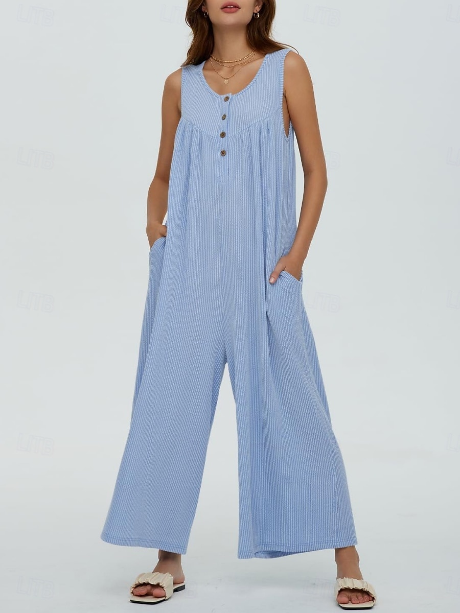Női Szabályos Jumpsuitek Aktív Tömör szín Ujjatlan U-alakú Gombok Zseb Vakáció Napi Normál Fekete Sötétkék Medence Nyár 2025 - $32.99 -P2
