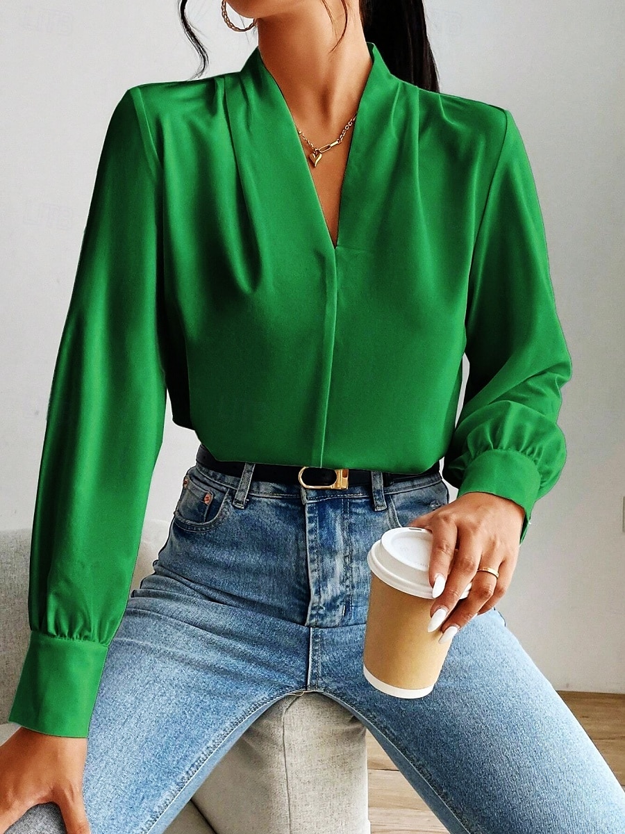 Dame Skjorte Bluse Helfarge Stilfull Fritid Langermet V-hals Vanlige topper Daglig Knapper Lomme Svart Hvit Gul Blå Grønn Sommer Vår 2025 - $31.99 –P13