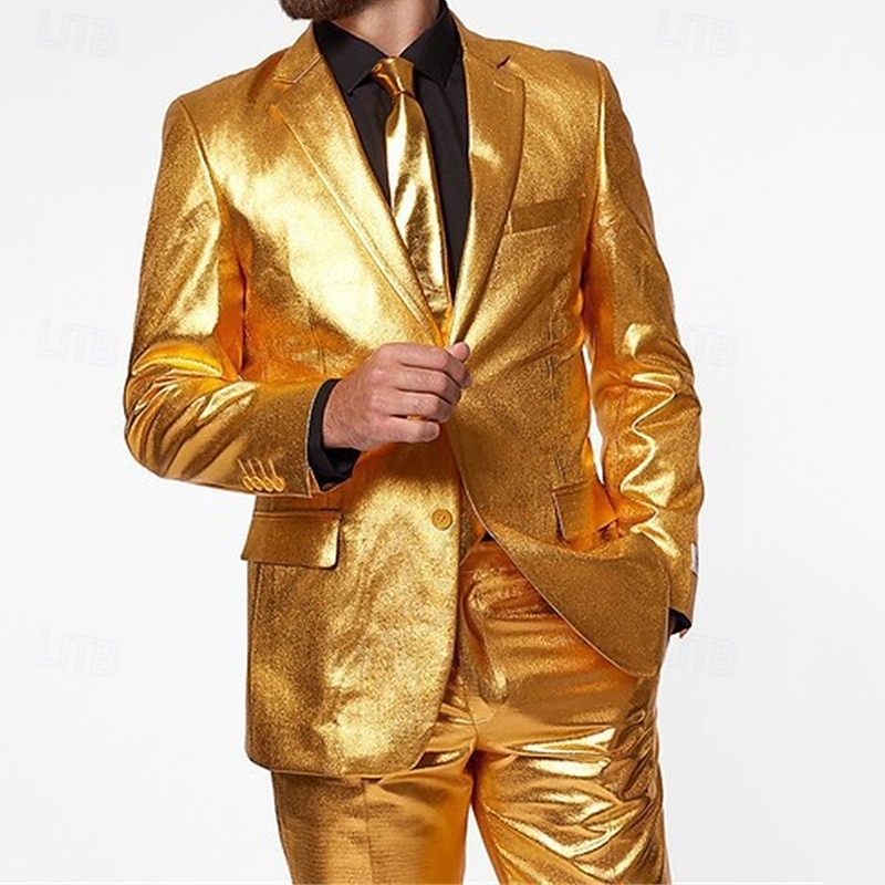 Herr Uppsättning Kavaj Prestanda Scen Bröllopsfest Vintage Mode Vår Höst Polyester Ensfärgat Knappar Ficka Bekväm Enkelknäppt Blazer Silver Guld 2025 - $67.99 –P2