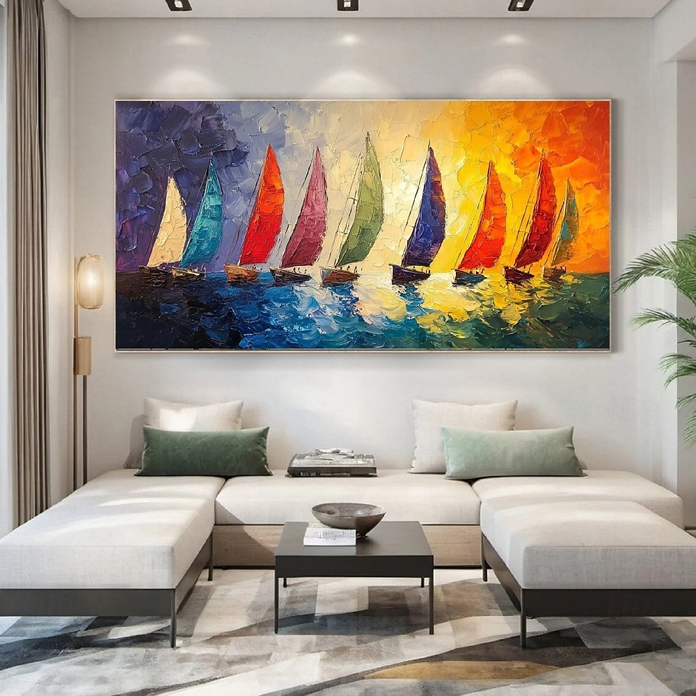 hellblaues Meereslandschafts-Segelboot-Ölgemälde, handgemalte Wandkunst, abstraktes Strand-Meereslandschaftsgemälde auf Leinwand, Wohnzimmer-Wandgemälde, riesiges extragroßes Wandkunstgemälde-Dekor 2025 - $125.99 –P5