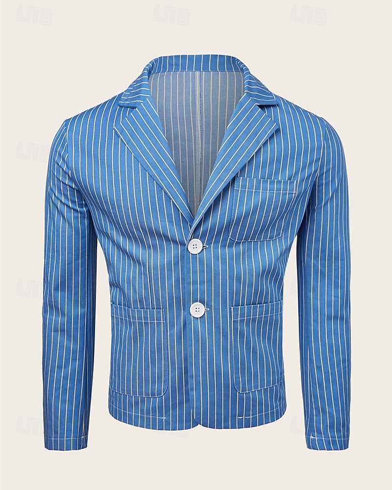Hombre Graduación chaqueta Negocio Fiesta de Cóctel Fiesta de Boda Moda Casual Primavera Otoño Mezcla de Algodón Rayas Bolsillo Botones Cómodo Botonadura Simple Chaqueta de sport Azul Real 2026 - $50.99 –P3