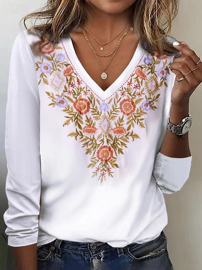 Dame T skjorte Blomstret Elegant Årgang Langermet Crew-hals Vanlige topper Daglig Trykt mønster Perle Vår Høst 2025 - $22.99 –P1