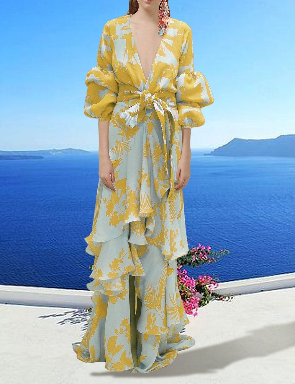 A-Linje Festkjoler Blomster Kjole Bryllups gjest Ferie Gulvlengde Lang Erme V Utenkropp Polyester med Mønster Stroppe Bryllups gjest Kjole 2025 2025 - $86.99 –P1