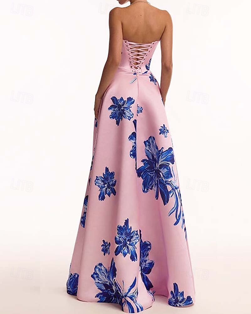 A-Lijn Avondjurk Bloemenprint Elegante Jurk Formele Avondfeest Vloerlengte Verwijderbare Eén Schouder Mouw en Bloemen met Plooien en Split Bruiloft Gast Jurk 2025 - $215.99 –P2