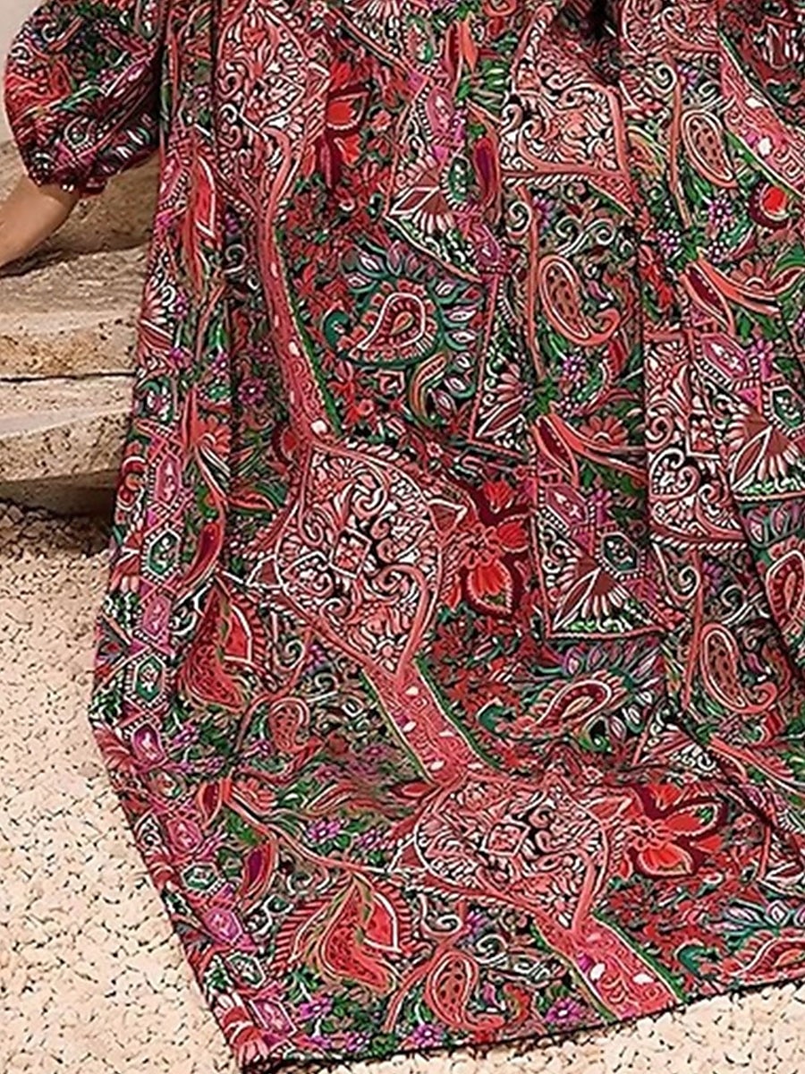 Dam Midiklänning Solklänning A linjeklänning Fit And Flare Klänning Puffärmsklänning Semester Semester Ledigt Dagligen Normal Grafisk Långärmad V-hals Gul Rubinrött Grön Sommar 2025 - $27.99 –P2