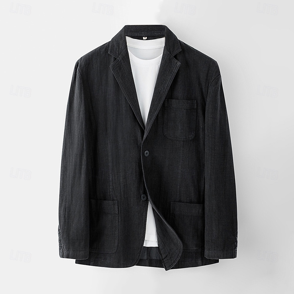 Homme Veste blazer École Formel Mariage Élégant Chaud Printemps Automne Lin Couleur Unie Épaissir Boutonnage simple deux boutons veste Noir bleu marine de 2025 ? $69.99 –P7