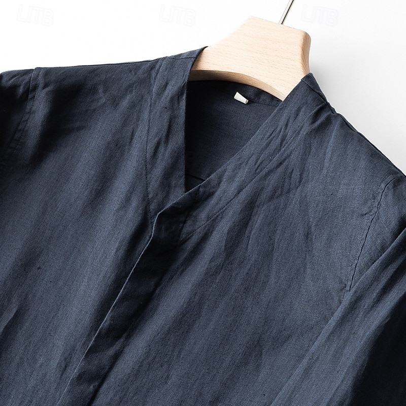 Men's Shirt Linen Shirt Casual Shirt Button Up Shirt Plain Vacation Hawaiian White Navy Blue Beige Long Sleeve Band Collar Spring Fall Clothing Apparel Button-Down 2025 - $94.99 –P10